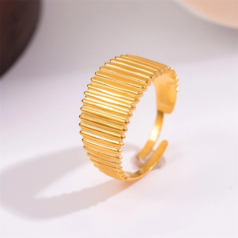 Wide Dome Ring 18K Gold Plated Stainless Steel Vertical Striped Textured Adjustable Open Band Minimalist Chic Jewelry For Women