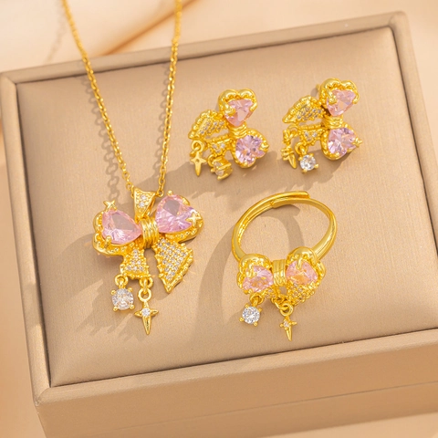 Bowknot Halskette Ohrringe Und Ring Kupfer Rosa Herz Zirkonia Schlüsselbeinkette Stern Anhänger Eleganter Schmuck Für Damen