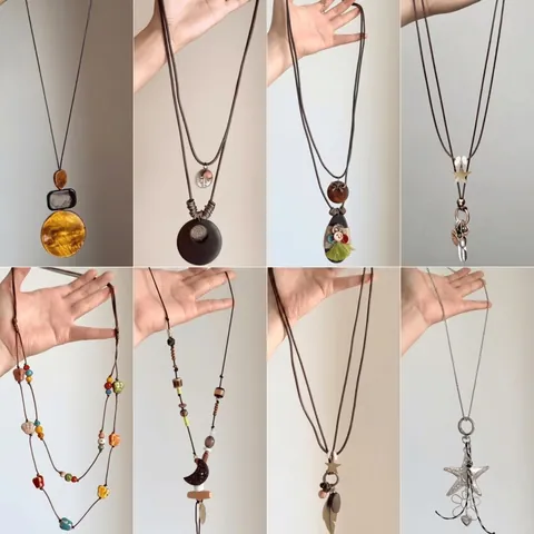 Collar Con Colgante Largo Étnico Bohemio Resina Madera Aleación Borla Geométrica Cadena Suéter Mujeres Joyas Vintage