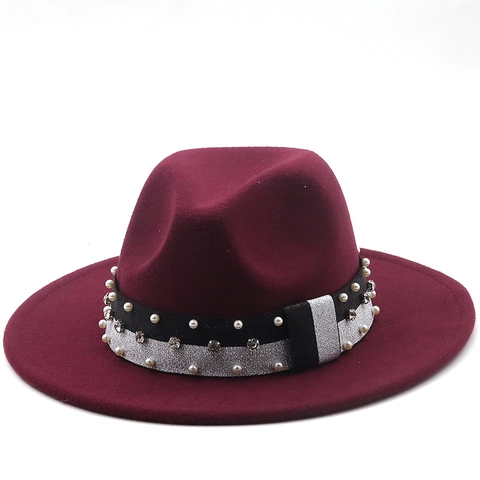 Vintage Woolen Fedora Hat Wide Brim Jazz Cap With Artificial Pearl Rhinestone Decorative Band For Women Elegant Retro Warm Winter