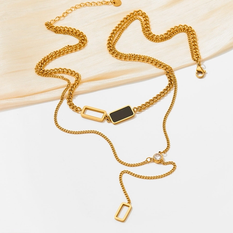 Double Layer Y Necklace Stainless Steel Zirconia Geometric Rectangle Pendant Black Enamel Long Sweater Chain Minimalist Jewelry Women
