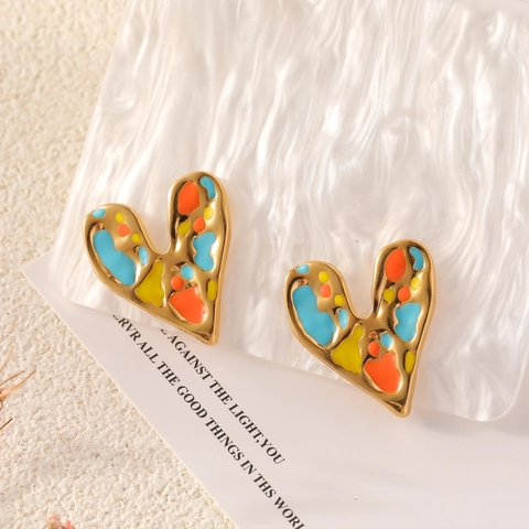 Pendientes De Botón Corazón Acero Inoxidable Esmalte Colorido Estilo Arte Abstracto Moda Joyas Dulces Mujeres