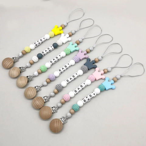 Baby Pacifier Clip Chain Beech Wood Silicone Crochet Beads Crown Shape Anti-Drop Teething Toy Letter Beads For Toddler
