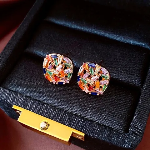 Vintage Runde Ohrstecker Mit Bunten Baguette Zirkonia 18K Vergoldetes Kupfer Und Silver Earring Post Für Damen