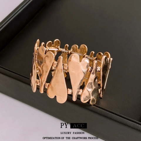 Heart Shaped Elastic Bracelet Hammered Alloy Stitched Wide Stretchy Bangle Vintage Chic Luxury Jewelry For Women