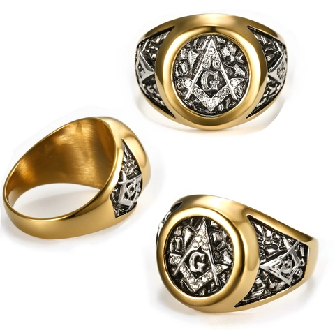 Masonic Freemason Symbol Ring Stainless Steel Rhinestone Inlaid Vintage Punk Street Jewelry For Men Gold And Silver Tone