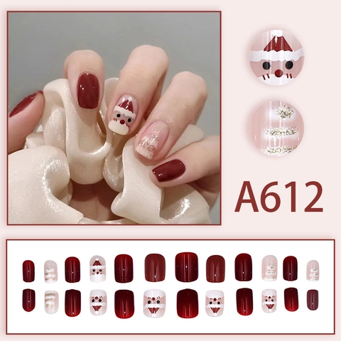 Christmas Press On Nails Short Round Red Gold Glitter Santa Claus Tree Winter Holiday Festive Sweet Cartoon False Nails