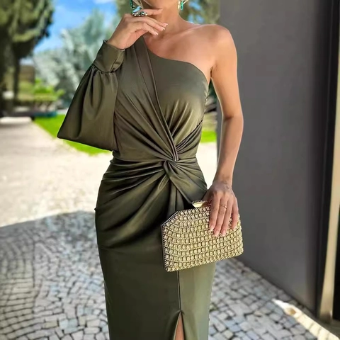 Women Elegant Ruched Slim Fit One Shoulder Dress Satin Texture Slit Hem Solid Color Formal Party Banquet Maxi Dress
