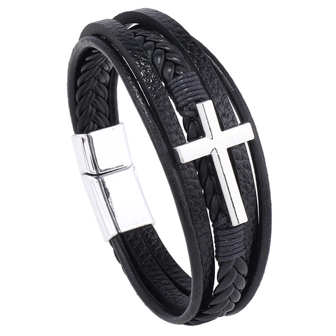 Heren Meerlaagse Gevlochten Leren Armband Met Legering Kruis En Magnetische Sluiting Retro Punk Sieraden