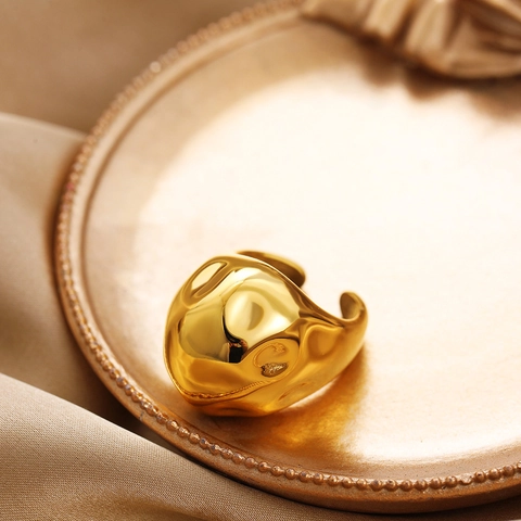 Vintage Edelstahl Offener Ring Für Damen 18K Vergoldet Gehämmert Unregelmäßig Texturierter Chunky Statement Fingerring Mode Schmuck
