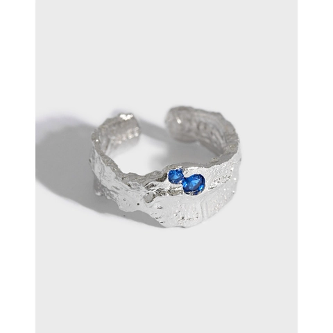 S925 Sterling Zilver Onregelmatige Textuur Open Ring Voor Dames Edgy Lava Ontwerp Blauw Zirconia Ingelegd Verstelbare Vingerring Sieraden