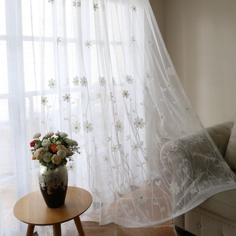 White Daisy Flower Embroidery Cotton Mesh Sheer Curtain Vintage Artistic Semi-Blackout Window Drape For Living Room