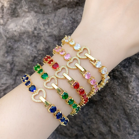 Elegante Bracciale a Cuore in Rame Con Zirconia Colorata Placcato Oro 18K Gioielli di Moda Vintage per Donna Regalo Festa