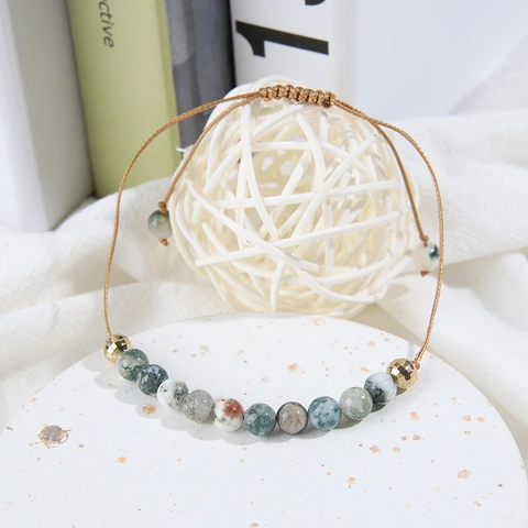 Bracciale Di Perle In Pietra Di Agata Muschiata Naturale Bohemien Vintage Accenti In Lega D'Oro Corda Intrecciata Regolabile Donne