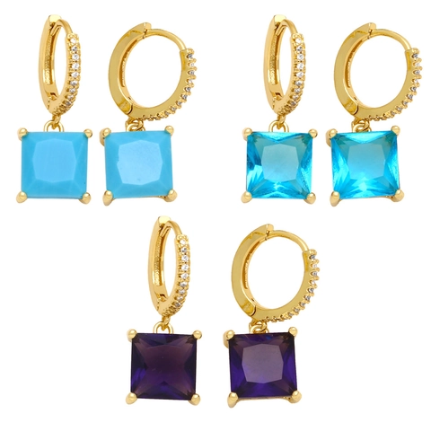 Boucles D'oreilles Pendantes Carrées En Zircon Cuivre Plaqué Or 18K Style Rétro Géométrique Bijoux Pour Femmes