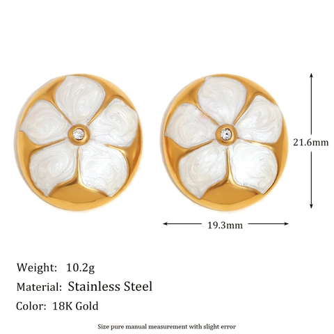 Flower Stud Earrings Stainless Steel 18K Gold Plated White Enamel With Crystal Retro Elegant Fashion Jewelry For Women