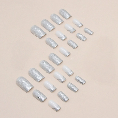 French Press On Nails Short Square Silver Glitter White Marble Glossy Elegant Fake Nails For Women