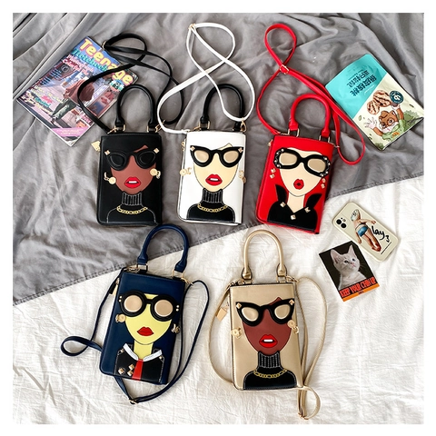 Cartoon Girl Print PU Leather Handbag For Women Niche Design Cute Pop Art Crossbody Phone Bag With Removable Strap