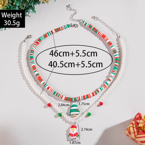 Christmas Necklace Faux Artificial Pearl Polymer Clay Double Layered Santa Tree Bell Pendants Holiday Party Jewelry For Women