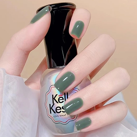 Forest Green Solid Color Press On Nails European Square Medium Length Wearable False Nails For Women Glossy Finish