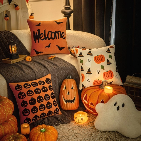 Halloween Embroidered Throw Pillowcase Velvet Pumpkin Ghost Bat Cushion Cover For Sofa Home Living Room Decor