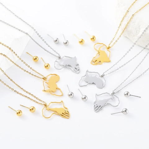 Collar Con Colgante De Mapa De África Y Pendientes De Botón Acero Inoxidable 304 Joyería Para Mujer