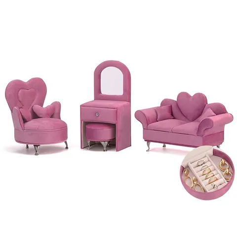 Velvet Jewelry Box Miniature Furniture Shape Sofa Couch Dresser Heart Design European Retro Organizer With Mirror Drawers