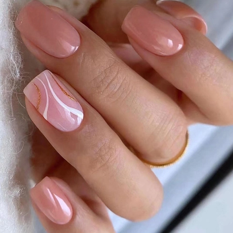 Press On Nails Rosa Weiß Wasserwellenmuster Mit Goldglitzer Quadratisch Oval Abnehmbare Künstliche Nägel