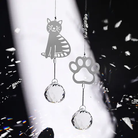 Crystal Suncatcher Hanging Ornament Stainless Steel Cat Dog Paw Print Silhouette Rainbow Maker Garden Window Home Decor