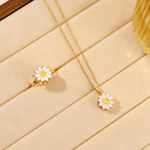 Collana con Pendente a Forma di Girasole e Margherita in Acciaio Inossidabile Ruotabile per Donna Collana a Catena con Fiori in Smalto a Olio Strass