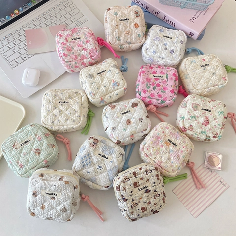 Quilted Cotton Sanitary Napkin Storage Bag Portable Zippered Pouch Cartoon Print Mini Cosmetic Coin Purse For Girls Women