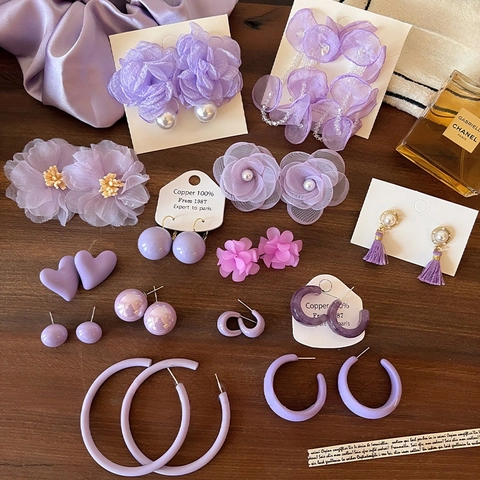 Floral Butterfly Drop Earrings Purple Fabric Alloy Jewelry With Silver Earring Post For Women Vacation Chic