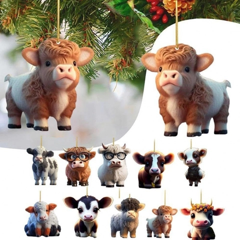 Cute Cartoon Highland Cow Acrylic Hanging Ornament For Car Rearview Mirror Decor And Christmas Tree Pendant