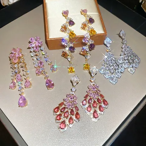 Heart Chandelier Drop Earrings With Multi Color Zircon And 925 Sterling Silver Earring Post Long Tassel Dangle For Women