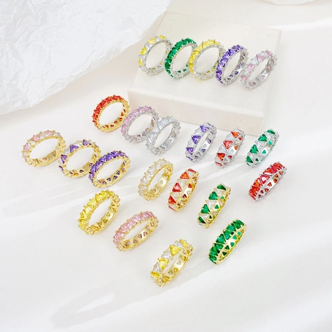 Colorful Cubic Zirconia Eternity Ring Triangle Cut Titanium Steel Heart Shaped Fashion Jewelry For Women