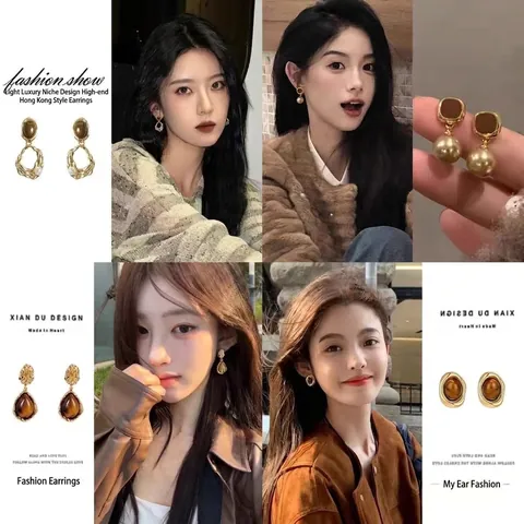 Retro Geometric Stud Earrings With Tiger Eye Stone And 925 Sterling Silver Earring Post Gold Plated French Style Women