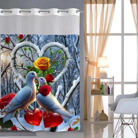 Hookless Shower Curtain Polyester Waffle Fabric Waterproof Removable Liner Mesh Window Top Magnetic Bottom Abstract Art