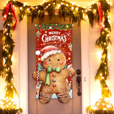 Weihnachts Lebkuchenmann Türbanner Polyester Hängende Fahne Mit Holzstange Outdoor Party Home Wand Urlaubsdekoration