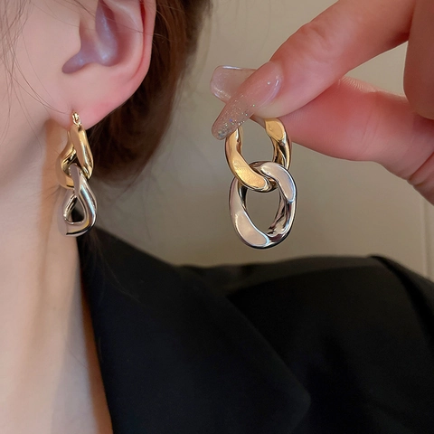 Two-Tone Interlocking Chain Link Hoop Earrings For Women Geometric Polished Copper Jewelry With Silver Earring Post