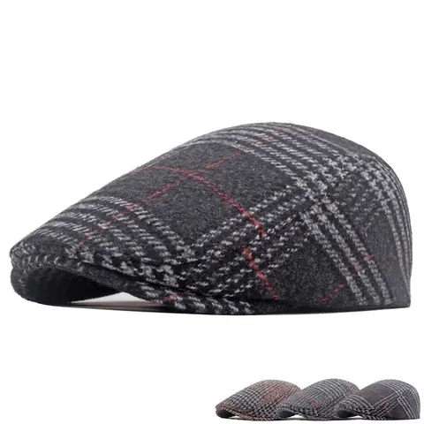Britse Vintage Plaid Platte Pet Heren Wolmix Tweed Newsboy Pet Verstelbaar Retro Raster Warme Wintermuts