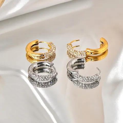 Titanium Steel Hoop Earrings With Micro Pave Cubic Zirconia Round Polished Punk Style Jewelry For Women
