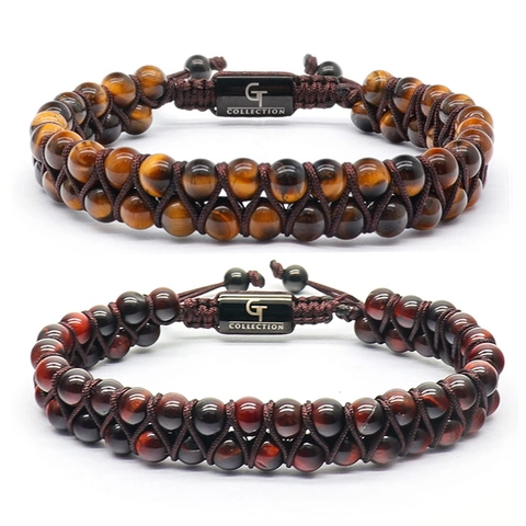 Natural Tiger Eye Lapis Lazuli Double Layer Braided Bracelet Stainless Steel Adjustable Bead Jewelry For Men Women