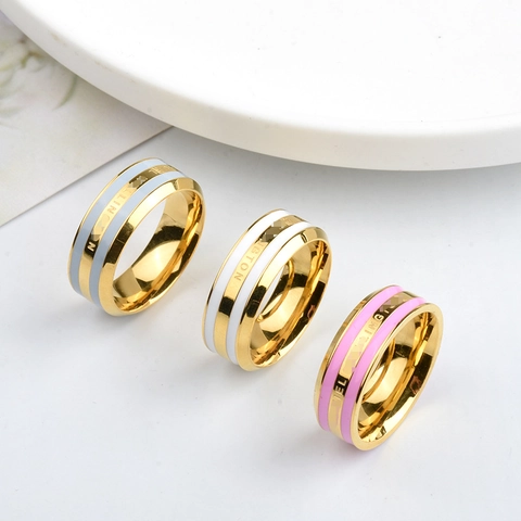 Minimalist Titanium Steel Ring Gold Plated Enamel Striped Band Geometric Mirror Polish Trendy Jewelry Accessory For Couples