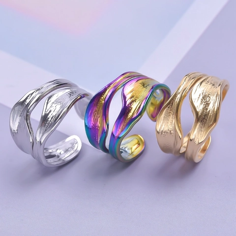 Schlangenstil Ring Edelstahl Irreguläre Welle Flüssigmetall Lava Textur Offen Verstellbar Minimalistischer Schmuck Damen