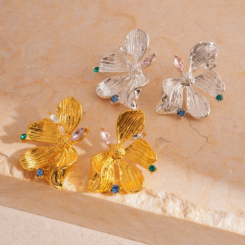 Flower Earrings With 925 Sterling Silver Earring Post Alloy Irregular Wrinkled Rhinestone French Vintage Jewelry For Women