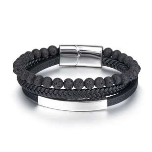 Men Fashion Multi-layer Bracelet Natural Lava Rock Stone Beads Braided Cowhide Leather Stainless Steel Magnetic Clasp Bangle Jewelry