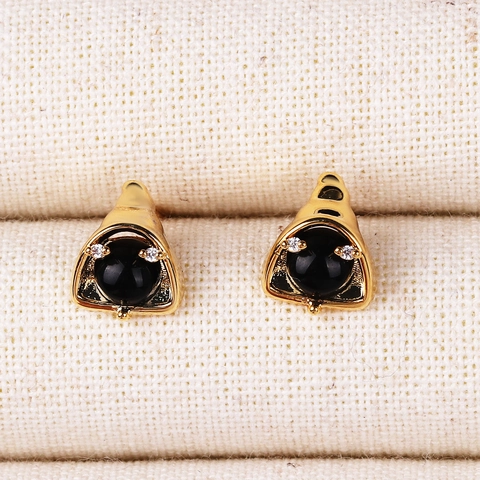 Boucles D Oreilles Clous Forme De Cloche Laiton Doré Avec Pierre Ronde Noire Et Strass Clair Style Mode Pour Femmes