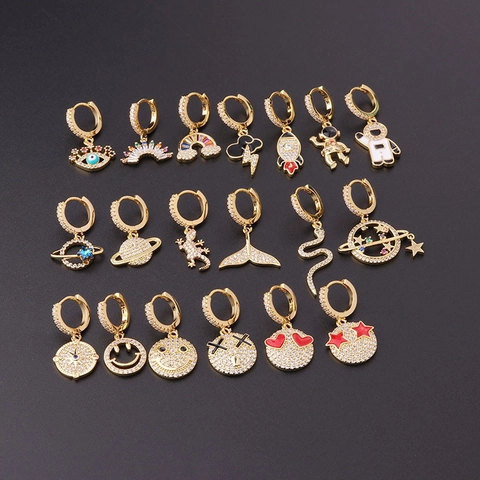 Gold Plated Copper Hoop Earrings Zircon Enamel Charm Planet Astronaut Rocket Evil Eye Smiley Face Snake Fish Tail