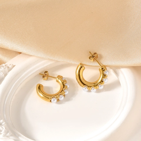 Stainless Steel C-Shape Stud Earrings With Artificial Pearl Inlaid Electroplated Gold Steel Color Geometric Jewelry For Women