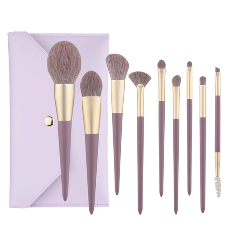 Brochas De Maquillaje Color Lavanda Cerdas De Fibra Sintética Mango De Madera Herramientas De Belleza Bolsa De Almacenamiento PU